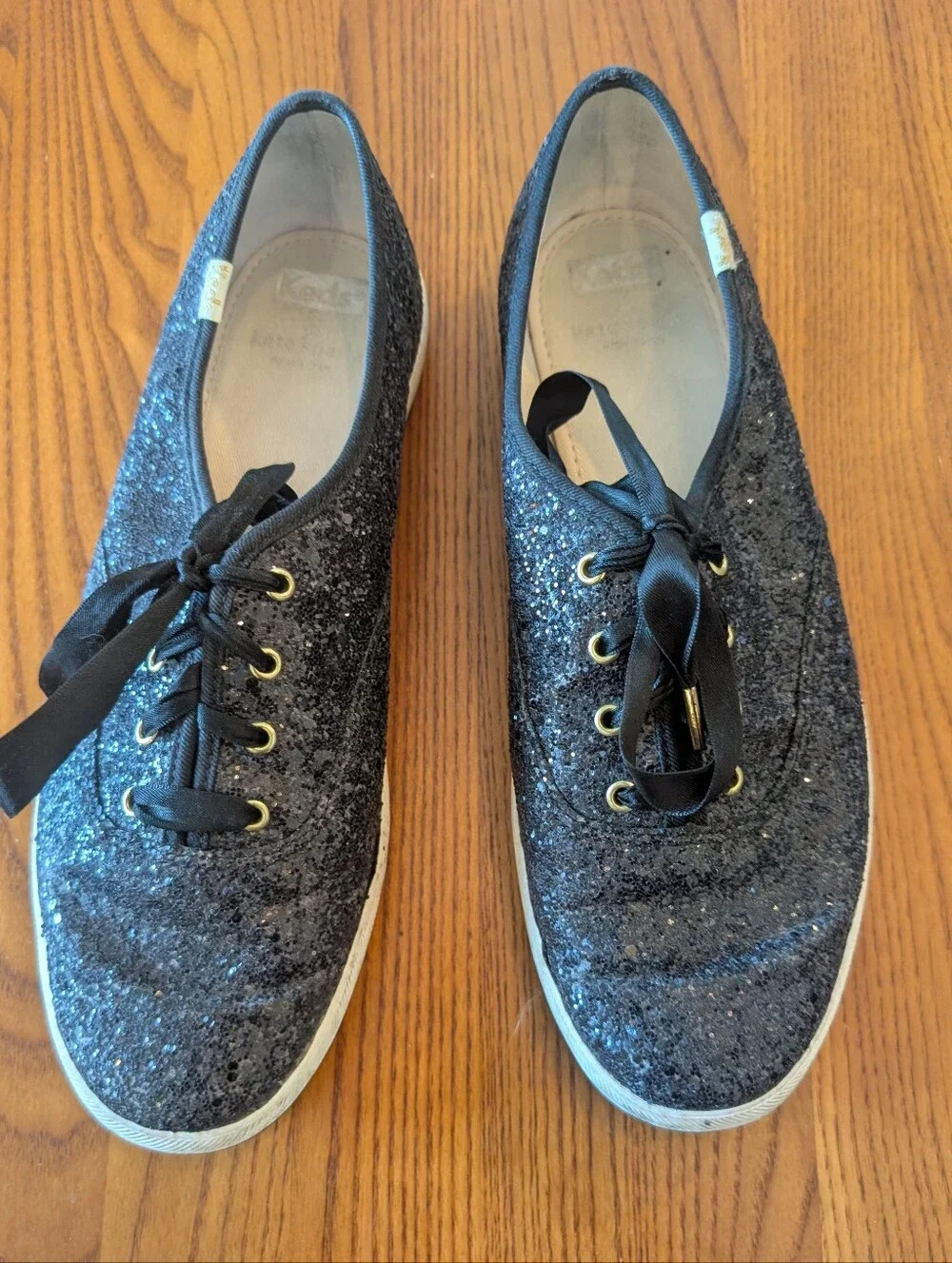 Kate Spade Black Glitter Ribbon-Lace Sneakers, Size 10